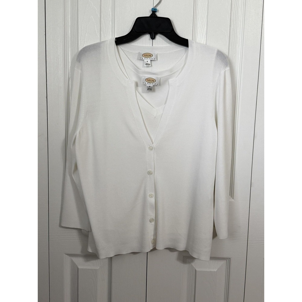 Talbots Petites White Cardigan Twinset Sweater Set 3/4 Sleeve Shell PM V-Neck